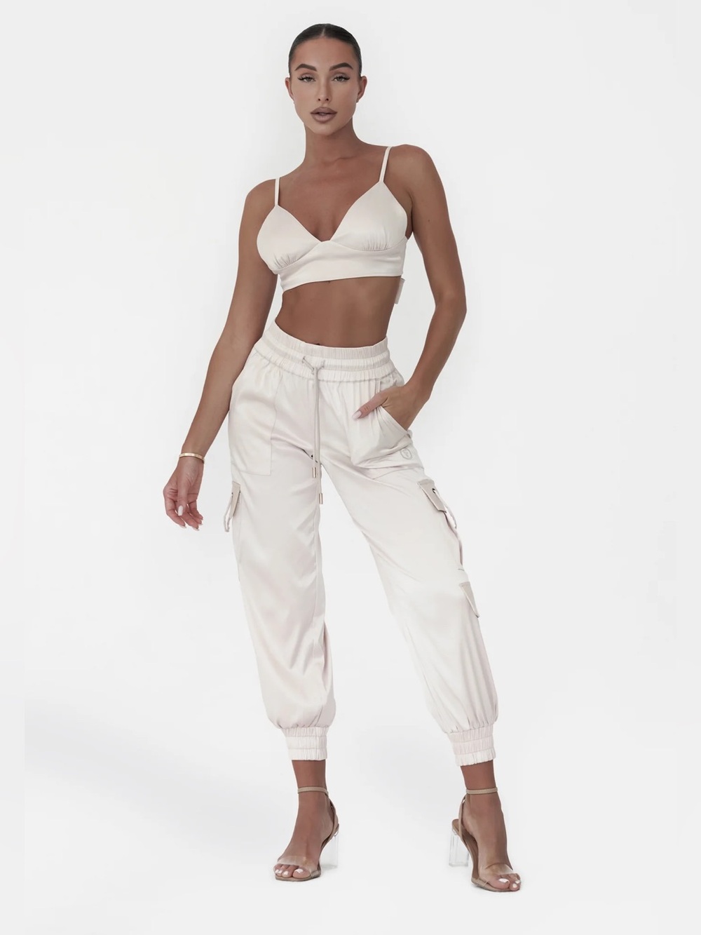 NWT FORCA Active Emerge Women’s Satin Cargo Pants - Champagne Size Small US 4
